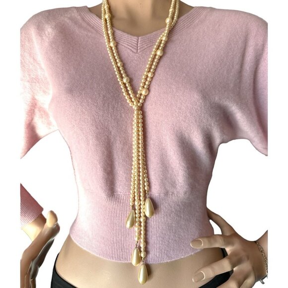 Lariat Double Strand Faux Pearl Teardrop Shape Dangle Tassel Necklace - Picture 2 of 9